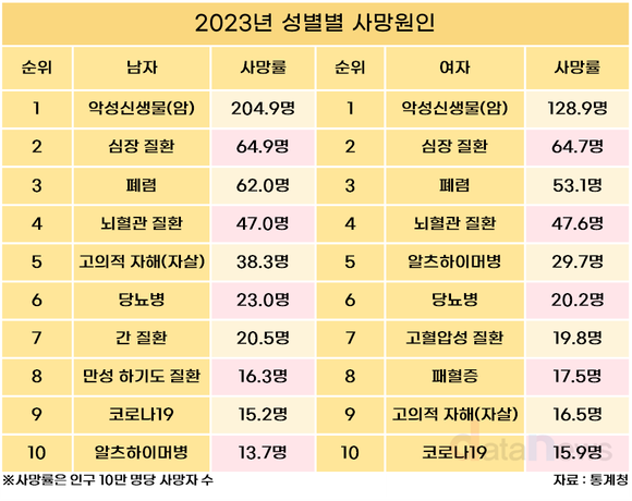 [데이터] 한국 3대 사망원인은 암·심장질환·폐렴…전체 사망의 41.9%