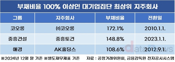 ㈜코오롱 부채비율, 국내 지주사 평균보다 4배 높다