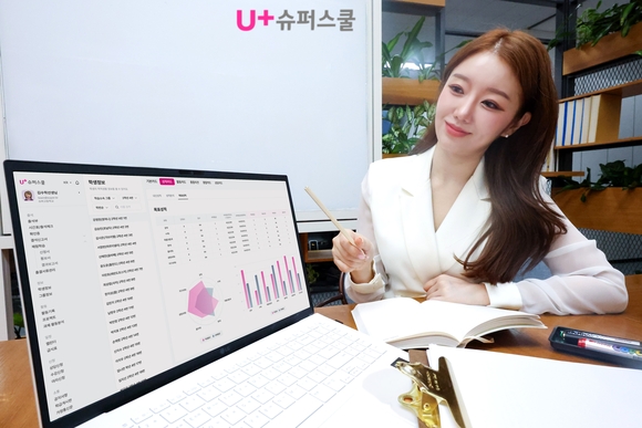 ▲LG유플러스가 AI를 통해 공교육 현장의 디지털 전환을 지원하는 ‘U+슈퍼스쿨’을 출시했다고 밝혔다. 사진은 모델이 U+슈퍼스쿨 서비스를 이용하며 학생 성적관리 화면을 살펴보는 모습 / 사진=LG유플러스 LG유플러스, AI 기반 교사 행정 관리 서비스 ‘U+슈퍼스쿨’ 출시