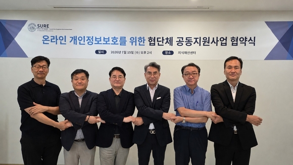 ▲(왼쪽부터) 김승모 프리모데이타 이사(개인정보보호진흥원 사무국장), 임희섭 한국지식재산서비스협회 사무국장, 박환수 한국SW-ICT총연합회 사무총장, 정옥래 한국컨설팅산업재단-개인정보보호진흥원 이사장, 이광세 한국에듀테크산업협회 상임이사, 김원표 와이즈인컴퍼니 대표가 협약 체결 후 기념촬영을 하고 있다. / 사진=한국컨설팅산업재단 개인정보보호법 강화 앞두고 협단체 공동 대응